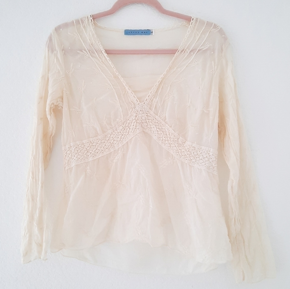 Johnny Was Cream Crinkle Crochet Embroidered Blouse S